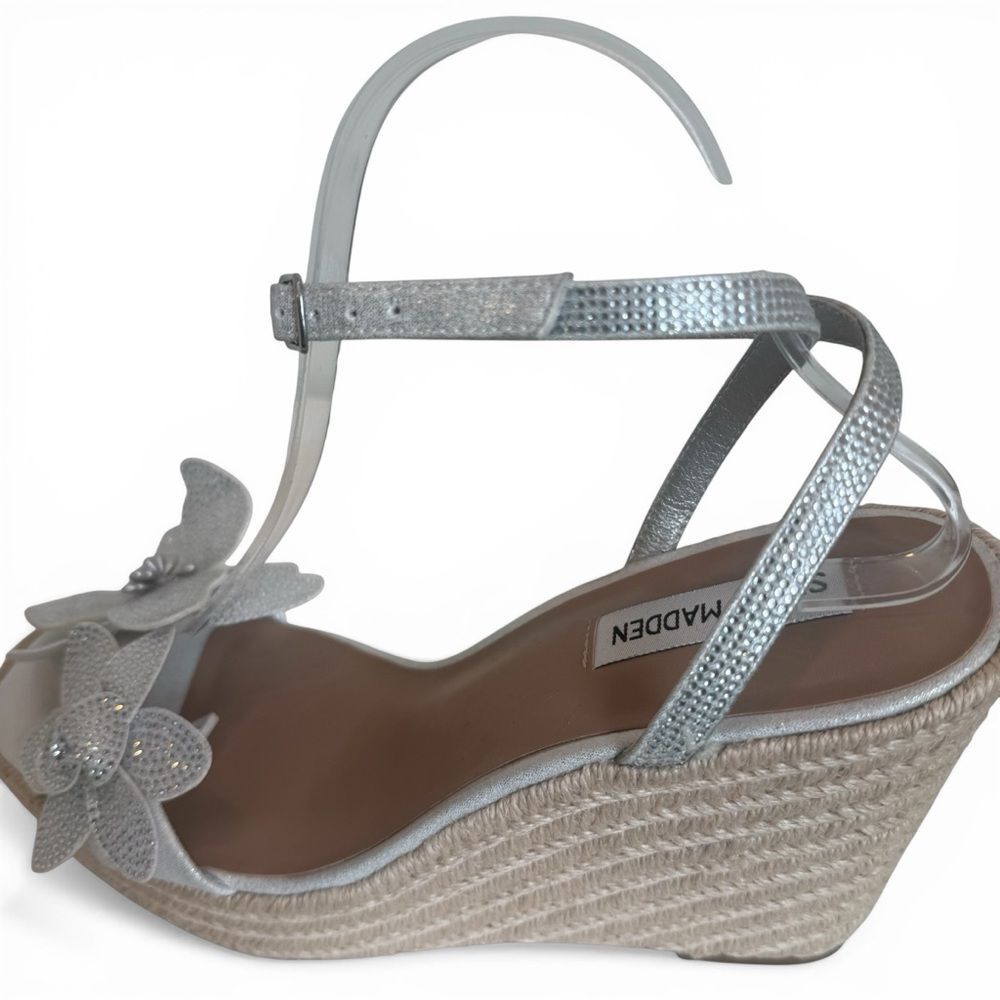 Steve Madden Silver Metallic Floral Platform Espridrile Wedge Sandals Sz 10 - Picture 14 of 15